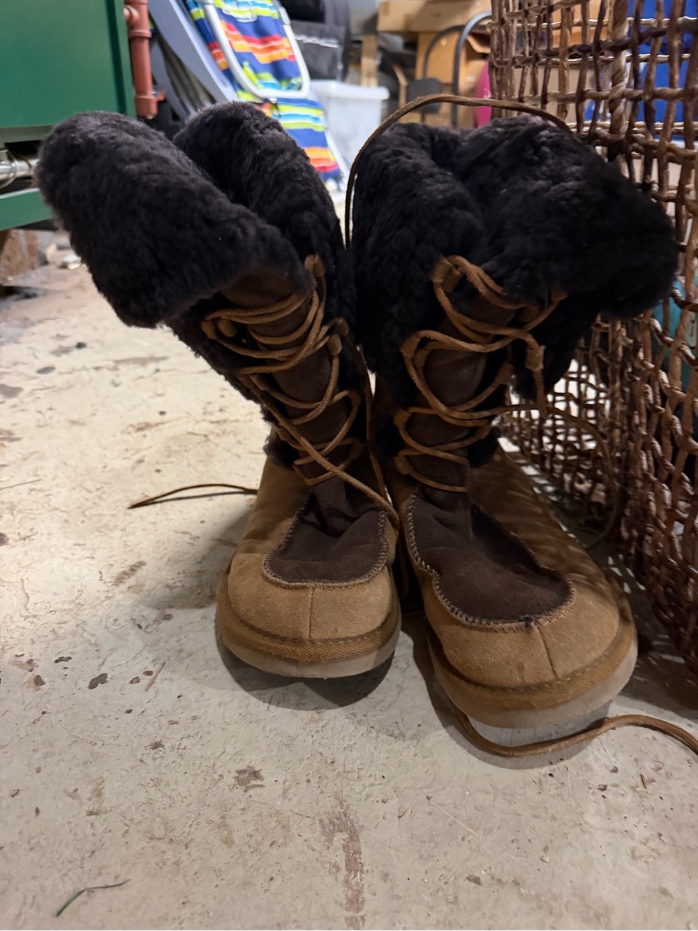 UGG Brown Suede Tall Lace-Up Winter Boots with Dark Shearling Cuff
